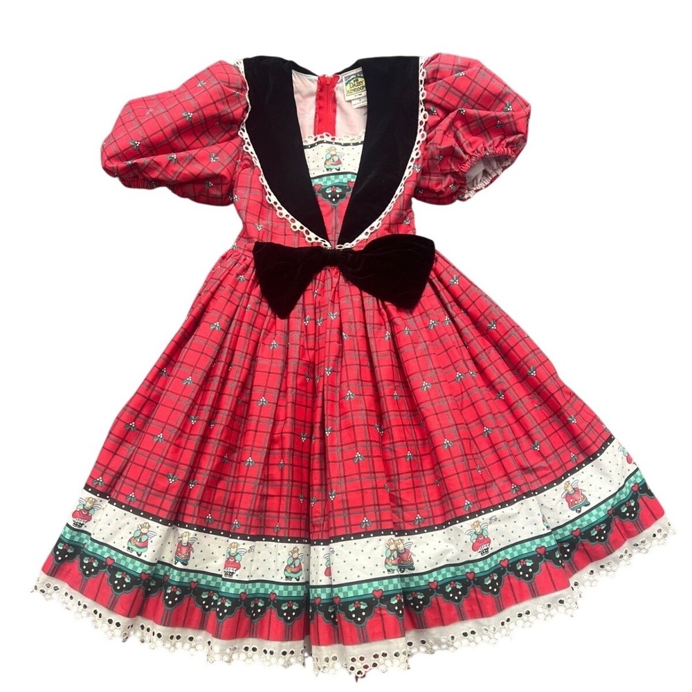 Daisy Kingdom Plaid Angel Border Dress Girls 6 Red Velvet Bow Vintage Holiday